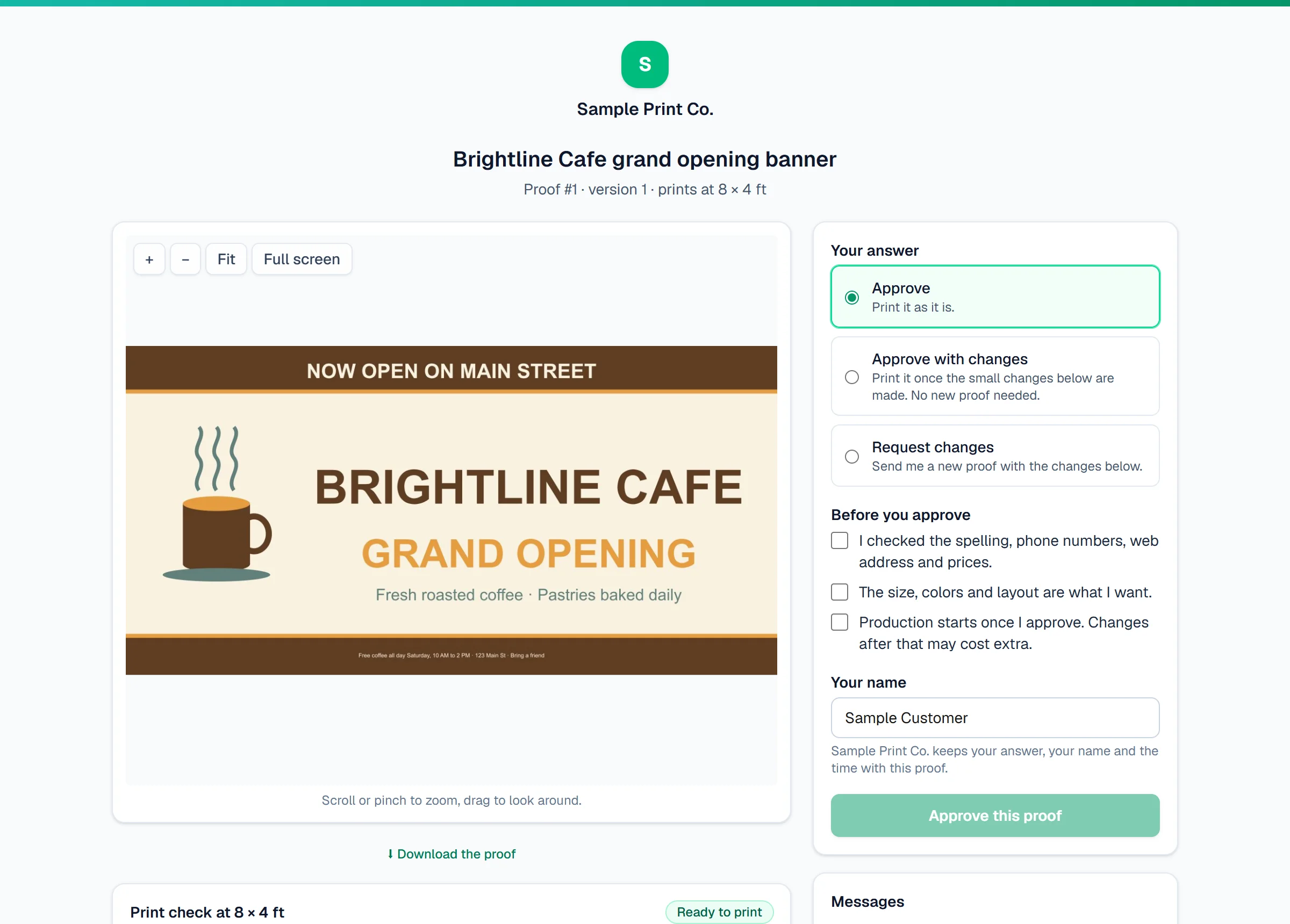 A customer's proof page: a cafe's grand opening banner they can zoom into, with Approve, Approve with changes and Request changes beside it
