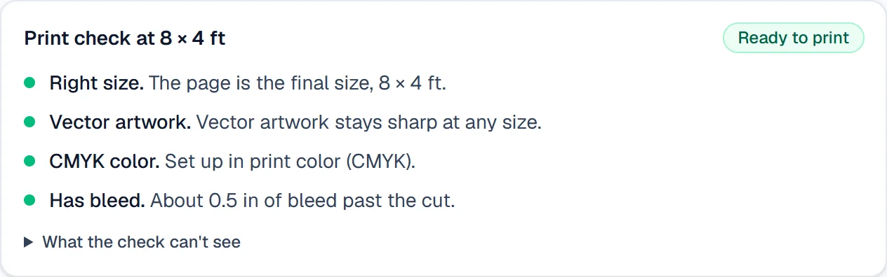 The print check at 8 by 4 feet: right size, vector artwork, CMYK color and has bleed, ready to print